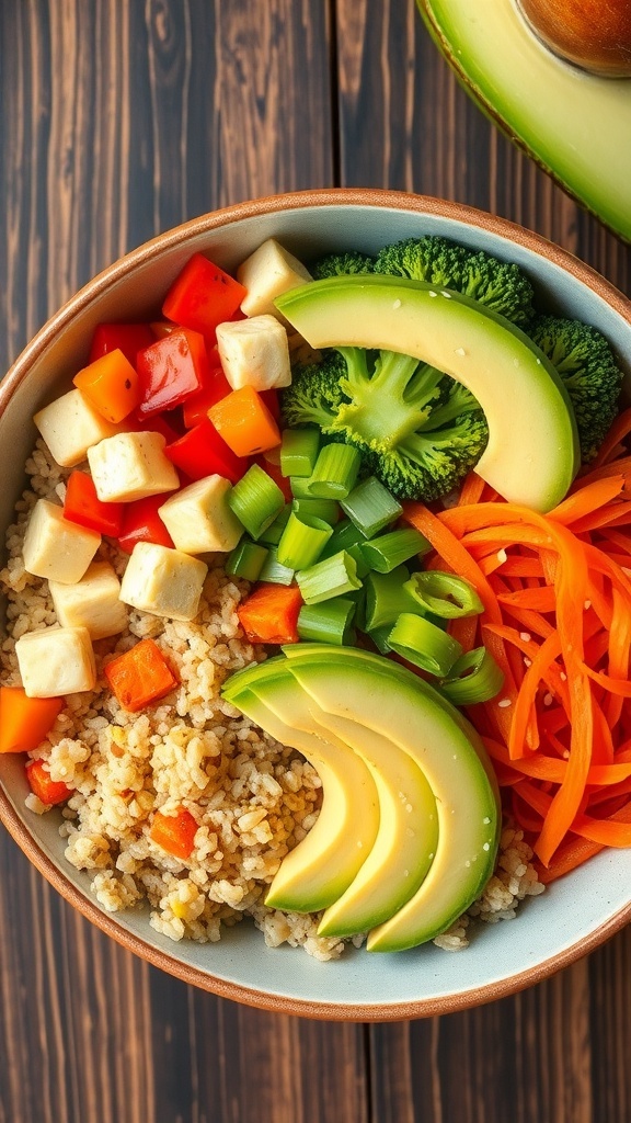 Quinoa Tofu Bowl Recipe A colorful quinoa bowl with tofu, bell peppers, broccoli, carrots, and avocado, garnished with green onions and sesame seeds.